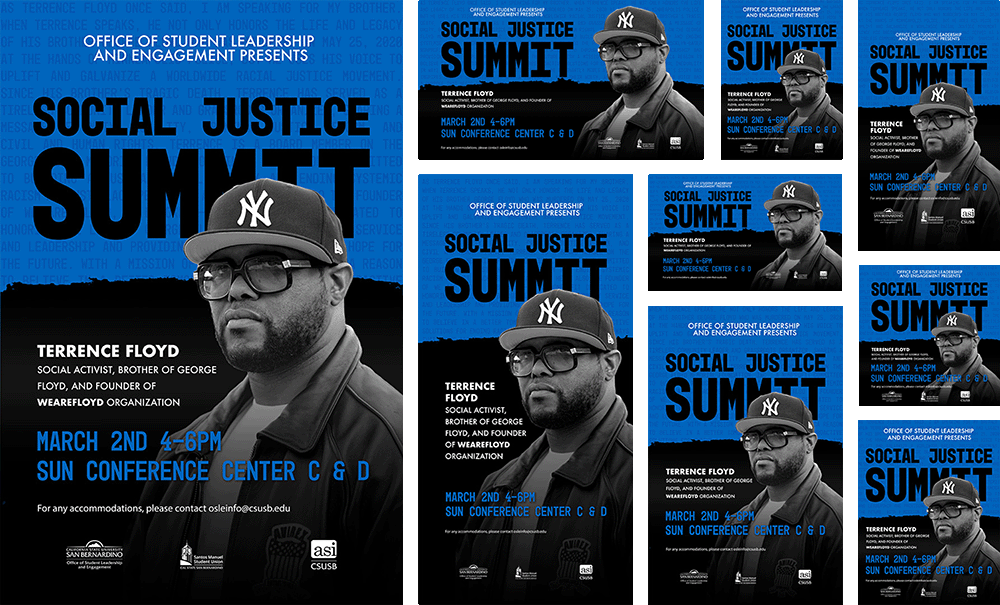 Nine versions of the same flyer at different dimensions.