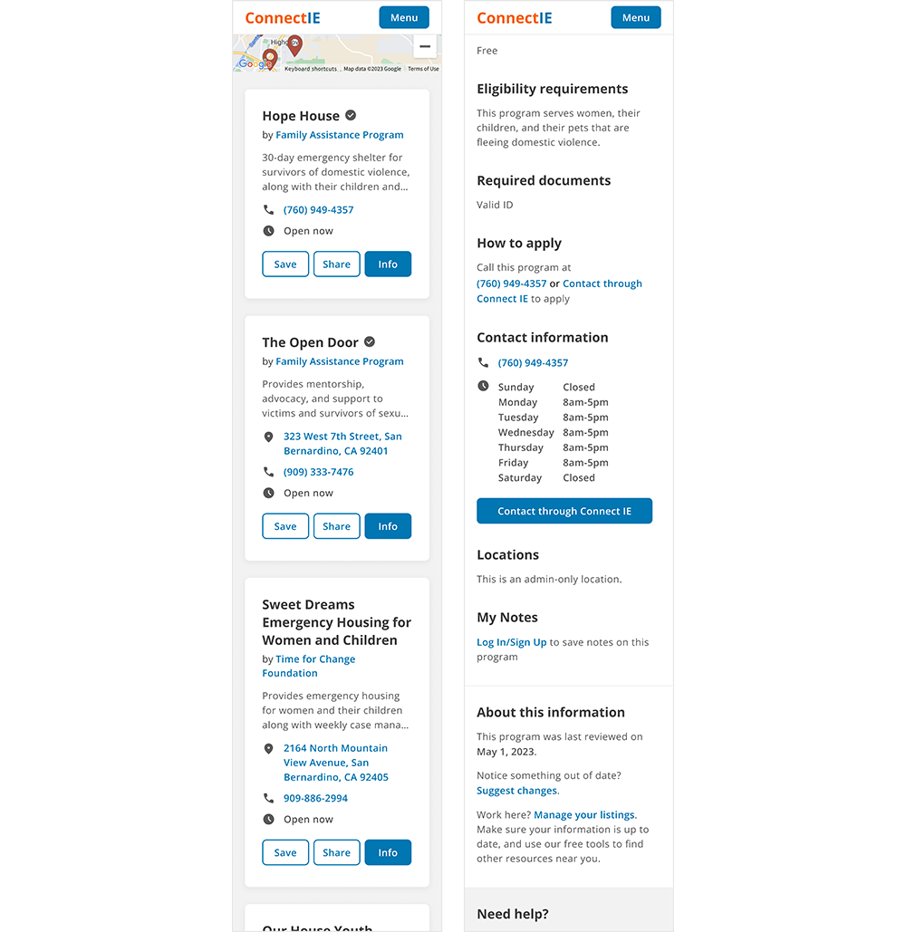 Two redesigned screens: cards on search results page, program page with button to Contact through Connect IE in contact information section.