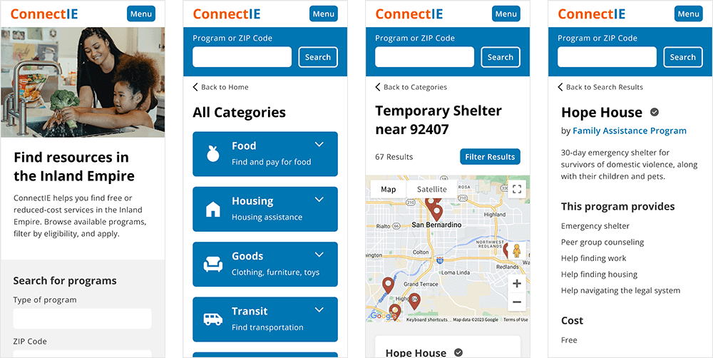 Hi-fi screens: home, category, search result, and program pages.