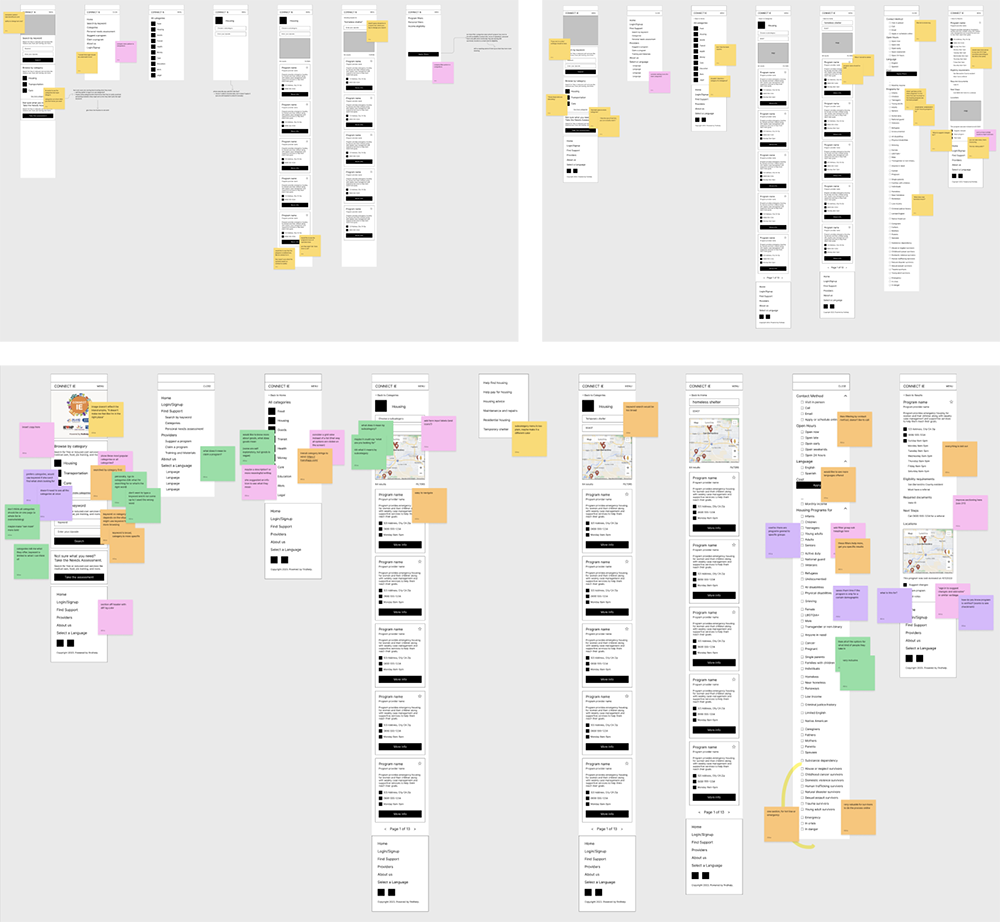 Screens from three lo-fi prototypes with sticky notes from user testing.